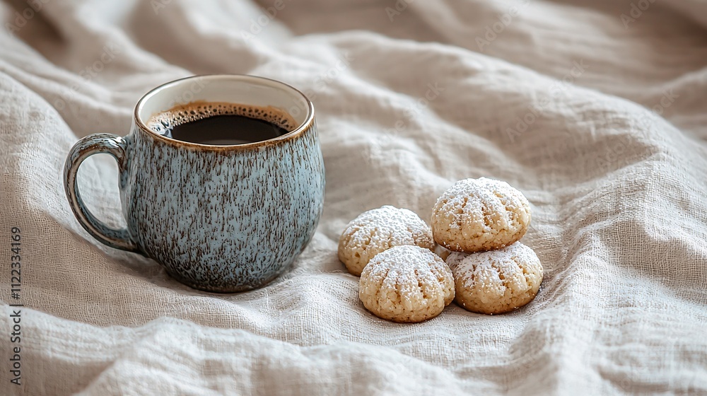 Poster a serene coffee break setup with a ceramic mug and soft vanilla cookies on a linen cloth stock photo