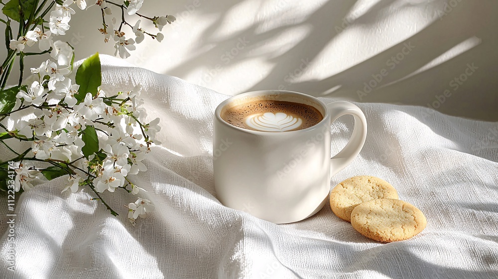 Poster a serene coffee break setup with a ceramic mug and soft vanilla cookies on a linen cloth stock photo