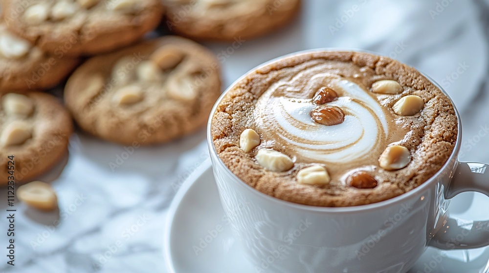 Poster a delectable display of creamy macchiato and chewy white chocolate macadamia cookies stock photo wit