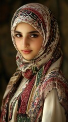 Obraz premium Beautiful young Palestinian woman wearing colourful hijab. Arabic Muslim lady in traditional clothes
