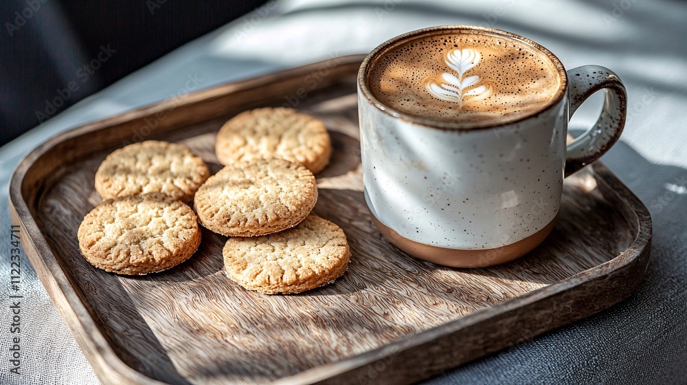 Poster An enchanting cafe view with a latte and a tray of assorted shortbread cookies Stock Photo with side copy space