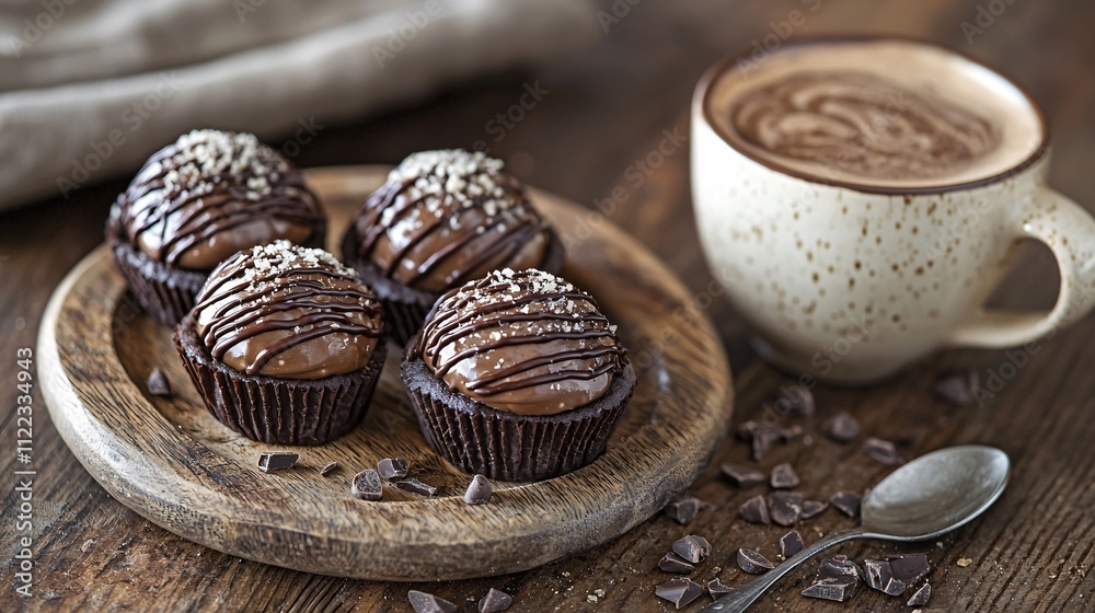 Poster a decadent moment featuring chocolate-dipped cookies and a creamy mocha latte stock photo with side 