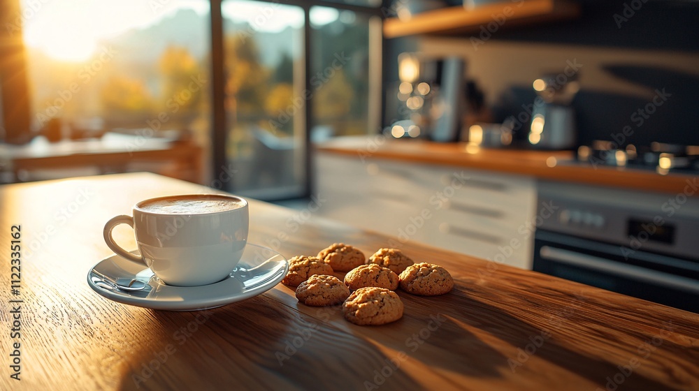 Poster a cozy kitchen counter with warm cookies straight from the oven and a freshly brewed latte stock pho