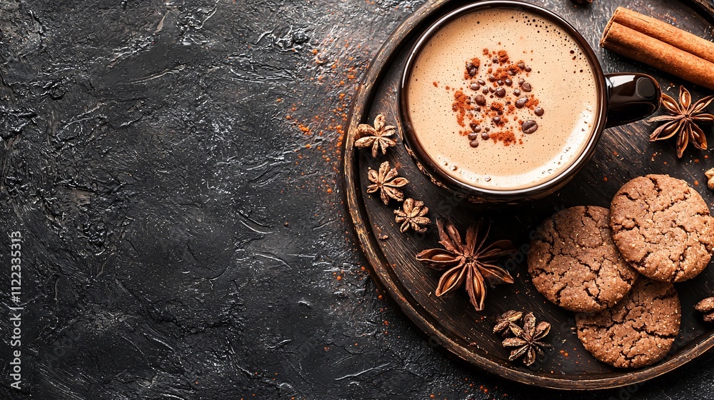 Poster A delightful setup of chai-spiced cookies and a steaming cup of masala chai on a rustic tray Stock Photo with side copy space