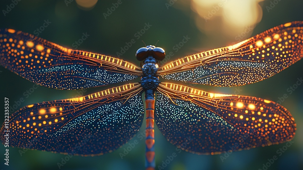 Poster A vibrant close-up of a dragonflys intricate wing patterns against a blurred green background Stock Photo with side copy space