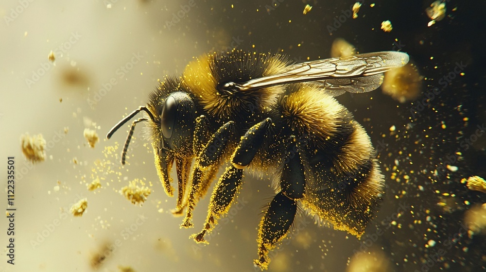 Poster A mesmerizing view of a bee collecting pollen with its legs dusted in bright yellow Stock Photo with side copy space