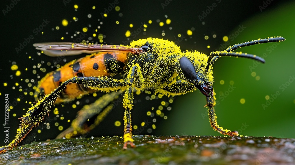Poster A mesmerizing view of a bee collecting pollen with its legs dusted in bright yellow Stock Photo with side copy space