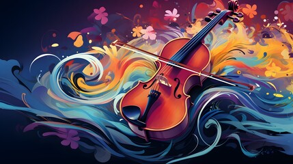 Fototapeta premium Modern Violin Illustration: Flowing Music Notes in Abstract Lines Create a Serene Musical Atmosphere