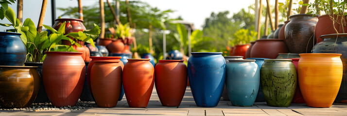 Fototapeta premium Enchanting Collection of Extra Large Colored Flower Pots in an Outdoor Setting