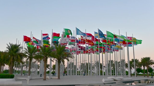 Flagpoles of national flags near Doha old port, Qatar
