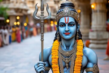 A beautifully illuminated statue of Lord Rama returning to Ayodhya, with people welcoming him with lamps and flowers