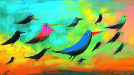 Fototapeta premium Colorful birds flying against a vibrant abstract background during sunset