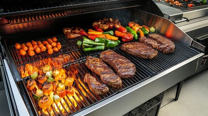 Sizzling Outdoor Grill with Steaks and Fresh Vegetables