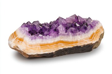 A detailed close-up of an amethyst crystal, focusing on its brilliant purple color, polished surfaces, and organic shapes, showcasing its natural allure