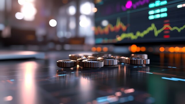Metallic gears on desk near stock market chart.