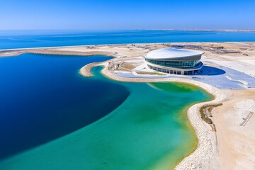 Fototapeta premium A dramatic aerial view of the Louvre Abu Dhabi, its iconic dome shimmering under the sunlight surrounded by blue waters