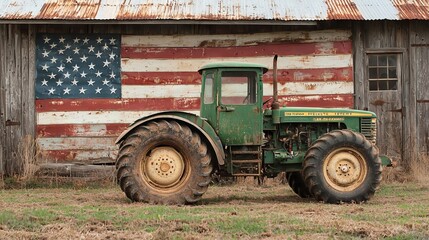 Obraz premium Classic Tractor by Rustic Barn with American Flag