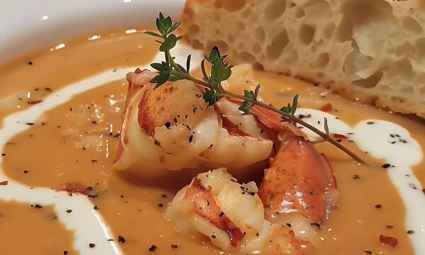 A bowl of lobster bisque garnished with cream and herbs, served with a slice of bread.