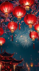 Obraz premium Festive red lanterns illuminate a night sky filled with fireworks and blossoming cherry branches above a traditional temple.