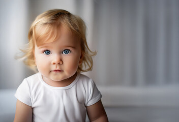 Naklejka premium Soft focus portrait of adorable baby with bright blue eyes, wearing a white t-shirt, with copy space on right.