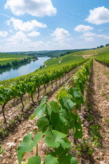 Obraz premium Stunning hillside vineyards with a picturesque river view and dramatic clouds in the sky