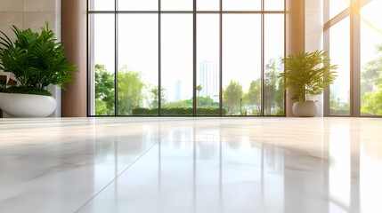 Fototapeta premium Modern lobby with large windows, sunlight, plants, and polished floor.