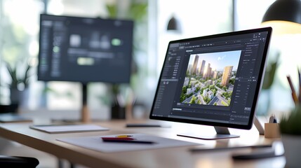Modern office desk with computer displaying architectural design software.
