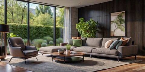 Fototapeta premium Spacious cozy living room with big windows and decor elements