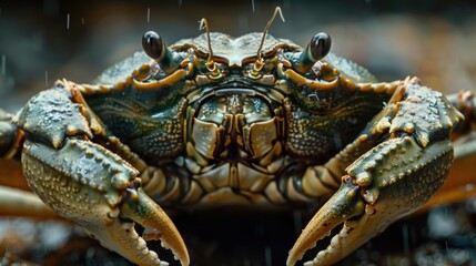 Close-up of a crab in the rain.