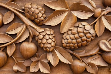 Obraz premium A richly detailed 3D close-up of an artistic wooden panel, highlighting the precision of the carvings, depth of the relief, and natural wood textures
