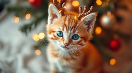 Fototapeta premium kitten wearing antler headbands sits in front of a glowing Christmas tree, adding a charming and festive touch to the holiday season, evoking warmth, joy, poster-web-flyer-vet-card