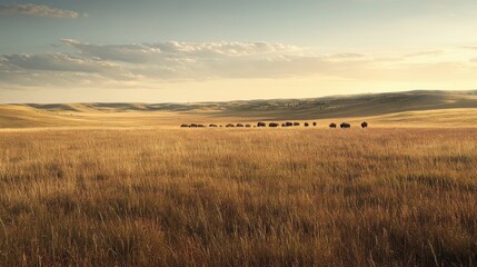 Obraz premium Serene Sunset over the Golden Prairie: A Herd of Bison Roams Freely