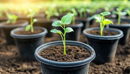 Young seedling growing in a dark pot surrounded by others