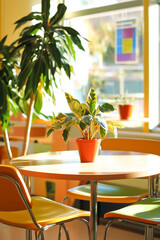 Fototapeta premium Bright and inviting cafe scene with colorful chairs and a potted plant on a sunny day.