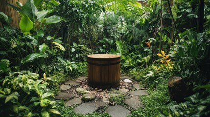 Tranquil Wooden Tub in Lush Tropical Garden