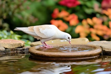 Obraz premium A vibrant shot of a dove drinking water from a birdbath, with gentle ripples spreading across the surface