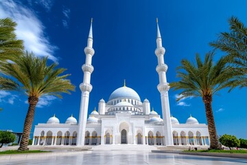 Fototapeta premium A wide-angle view of the mosque minarets and domes framed by palm trees, under a clear blue sky