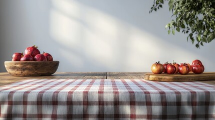 Fresh fruits on wooden table with checkered cloth