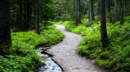 Obraz premium serene forest path, nature trail, creek - nature and scenery: the i.