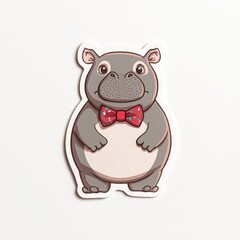 Fototapeta premium Cute cartoon hippopotamus wearing a red bow tie, white isolated background.
