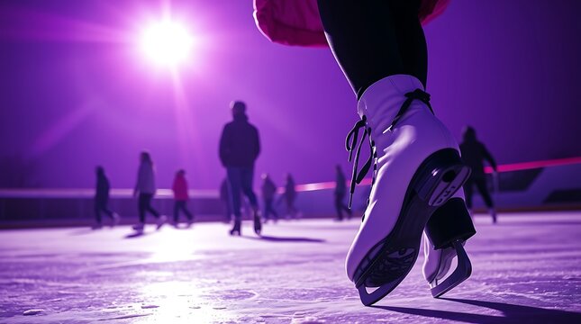 group of friends ice skating on a frozen lake, dressed in cozy winter clothing. Soft sunlight glimmers on the ice, capturing a festive, lively atmosphere perfect for winter recreation and holiday vibe