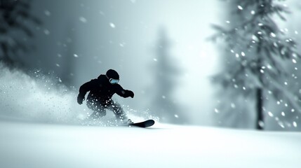 Snowboarder carving through fresh powder snow in a snowy forest.