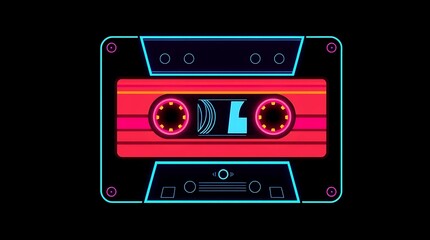 Fototapeta premium glowing neon cassette radiates vibrant colors, evoking nostalgia for the 90s. A retro audio tape perfect for symbolizing vintage music, pop culture, and throwback vibes in a modern, artistic way.
