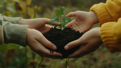Fototapeta premium Young hands gently hold a small seedling and soil