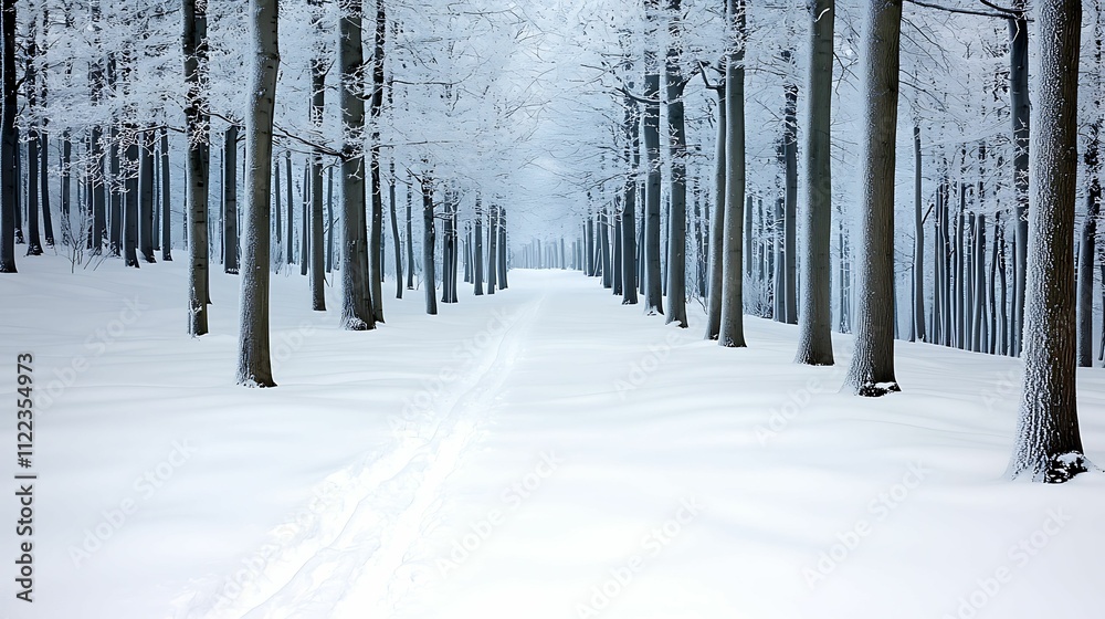Wall mural winter background silence concept, snow-covered forest path lined with frosted trees, creating a ser