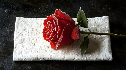 Frosted Red Rose on White Tissue - Still Life Illustration