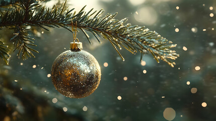 Golden Ornament on Snowy Pine Branch, Winter Illustration