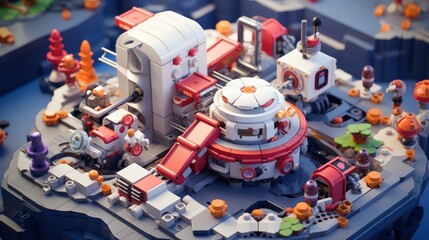 Naklejka premium A Detailed Miniature Model of a Futuristic Machine with Red and White Accents, Set Against a Subtle Blue Background