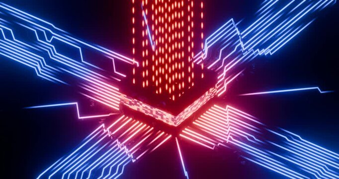 HOT RED CPU processing large amounts of data streams to compensate load, Cyber security, Quantum Computing, Big data, AI and Artificial Intelligence Computation Visualization of a Chip. Tech. 4K