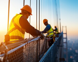 Workers on a construction site, wearing safety gear and helmets, collaborating at sunset for a high-rise building project.